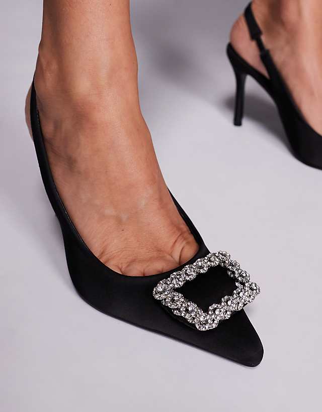 Asos Public Desire Flint Satin Brooch Slingback High Heels In Black