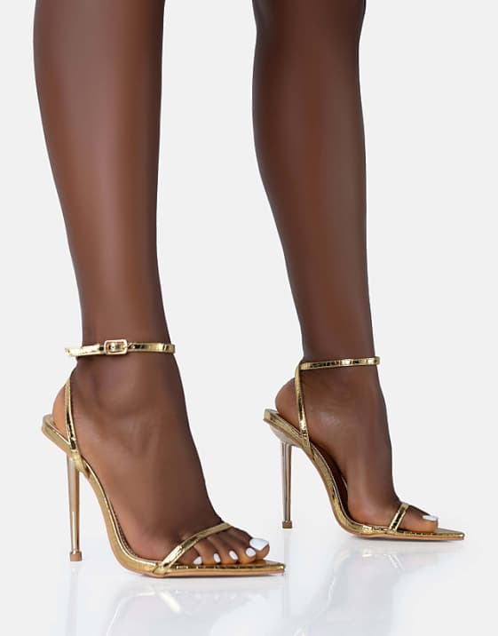 asos Public Desire Legacy croc barely there pointed toe gold stiletto heels in gold croc