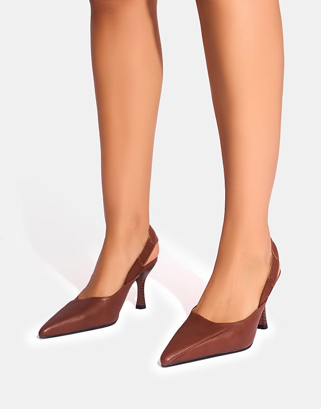 Asos Public Desire Malia Vintage Fold Over Detail Cushioned Slingback Court Heels In Vintage Brown