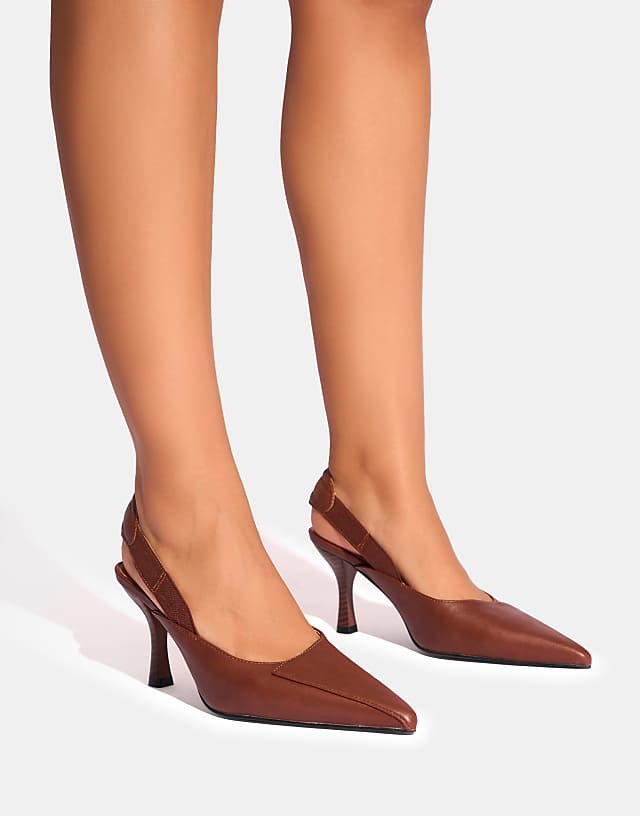 asos Public Desire Malia vintage fold over detail cushioned slingback court heels in vintage brown