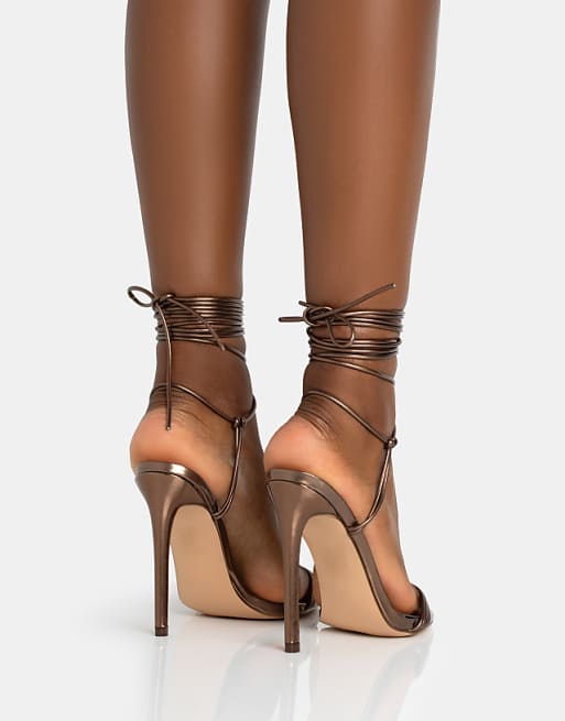 Asos Public Desire Merlot Lace Up Wrap Around Pointed Toe Stiletto Heels In Metallic Choc