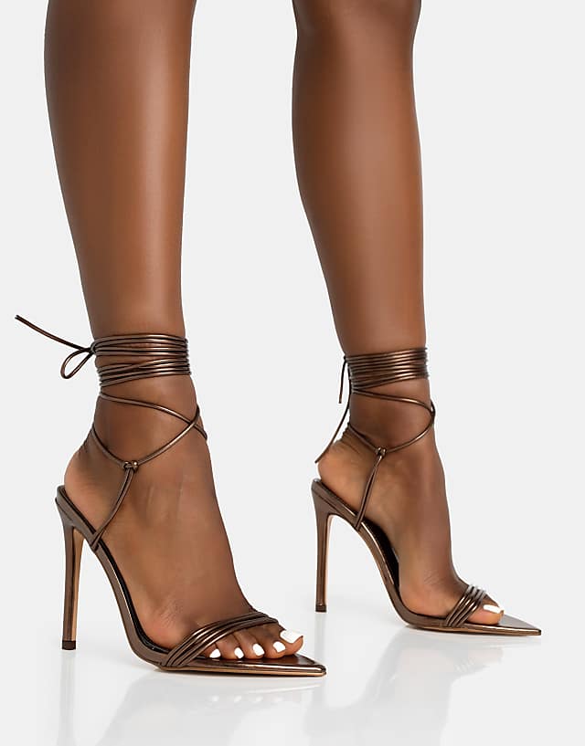 asos Public Desire Merlot lace up wrap around pointed toe stiletto heels in metallic choc