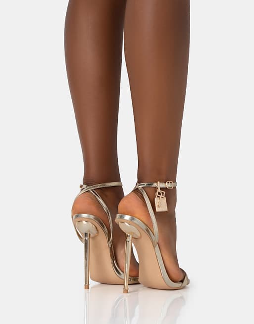 Asos Public Desire Ti Amo Padlock Detail Barely Heels In Gold Pu