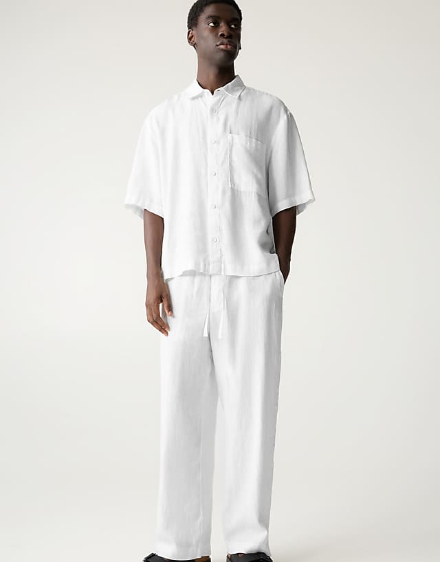Asos Pull&Bear 100% Linen Boxy Fit Shirt In Off White