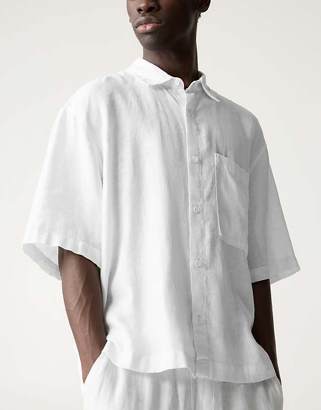 Asos Pull&Bear 100% Linen Boxy Fit Shirt In Off White