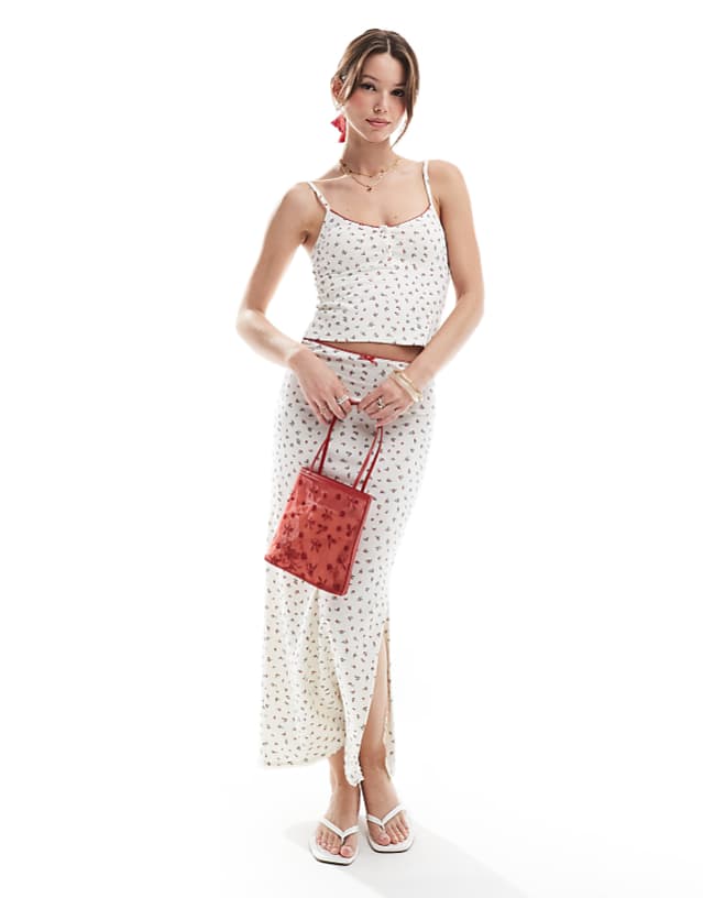asos Pull&Bear ditsy floral pointelle cami top co-ord in white
