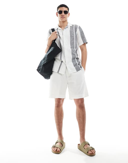 asos Pull&Bear linen blend jogger bermuda shorts in off white