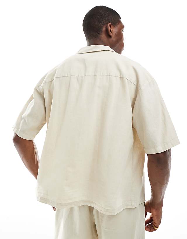 Asos Pull&Bear Linen Blend Short Sleeve Shirt In Beige
