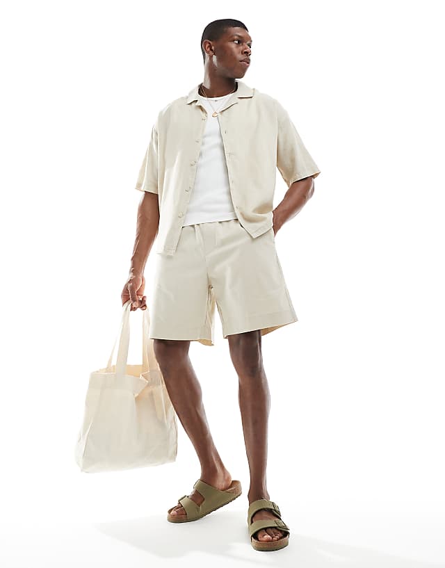 Asos Pull&Bear Linen Blend Short Sleeve Shirt In Beige