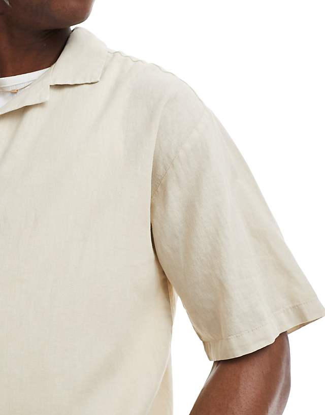 Asos Pull&Bear Linen Blend Short Sleeve Shirt In Beige