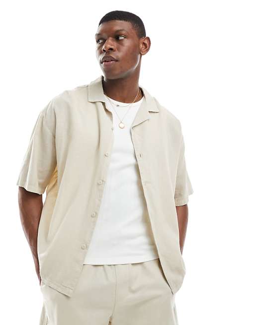 asos Pull&Bear linen blend short sleeve shirt in beige