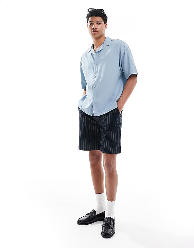 Asos Pull&Bear Linen Blend Short Sleeve Shirt In Blue