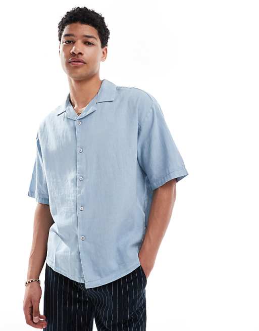 Asos Pull&Bear Linen Blend Short Sleeve Shirt In Blue
