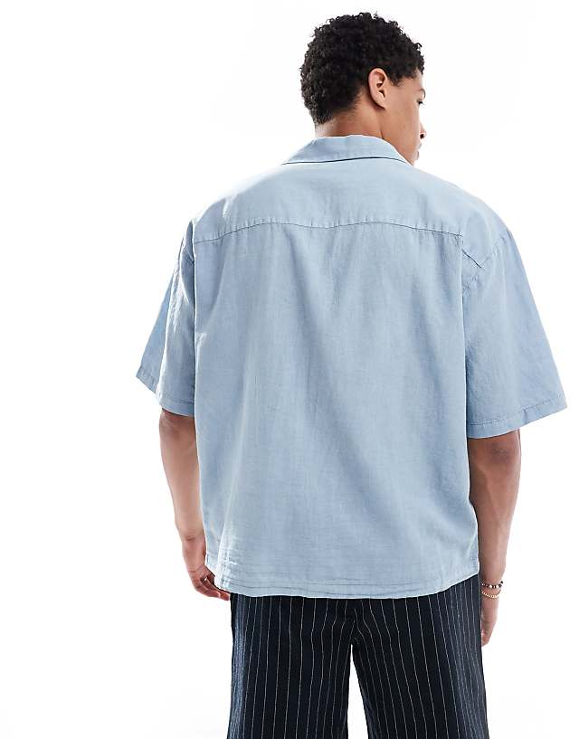 Asos Pull&Bear Linen Blend Short Sleeve Shirt In Blue