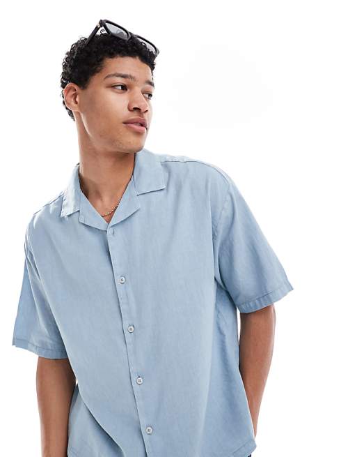 asos Pull&Bear linen blend short sleeve shirt in blue