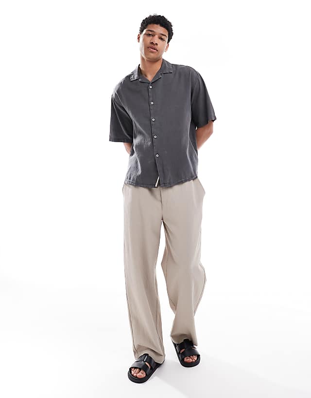 Asos Pull&Bear Linen Blend Short Sleeve Shirt In Grey