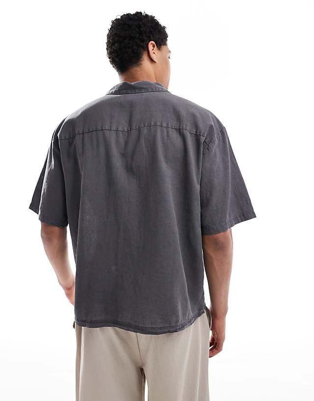 Asos Pull&Bear Linen Blend Short Sleeve Shirt In Grey