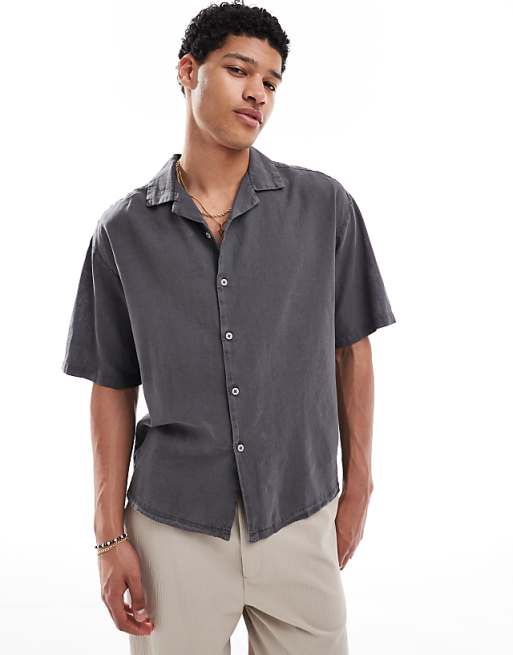 asos Pull&Bear linen blend short sleeve shirt in grey