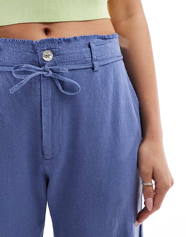 Asos Pull&Bear Linen Blend Wide Leg Trouser With Raw Hem In Blue