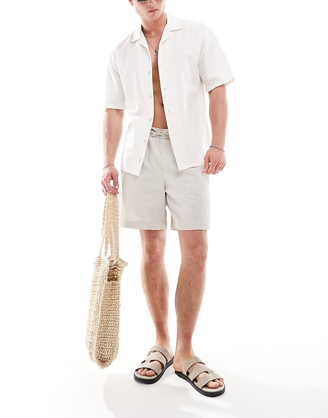 Asos Pull&Bear Linen Look Revere Neck Shirt In Ecru