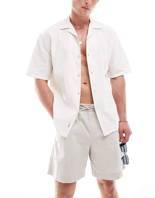 asos Pull&Bear linen look revere neck shirt in ecru