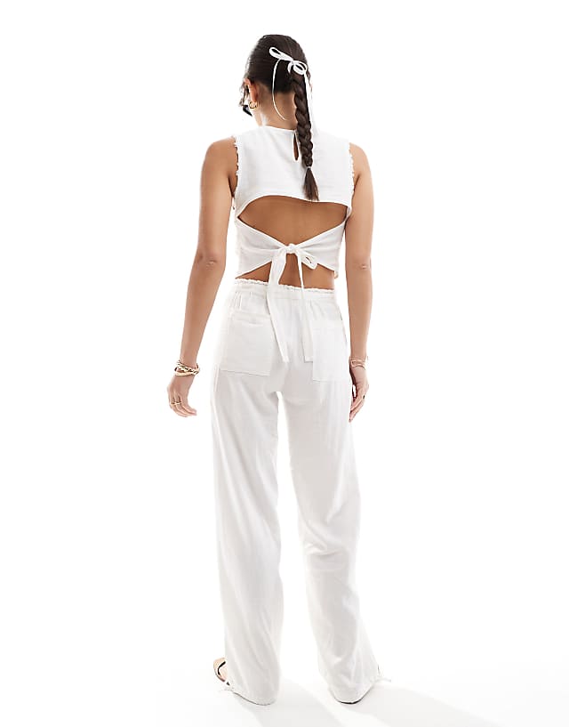 Asos Pull&Bear Linen Raw Edge Waist Trouser Co-ord In White