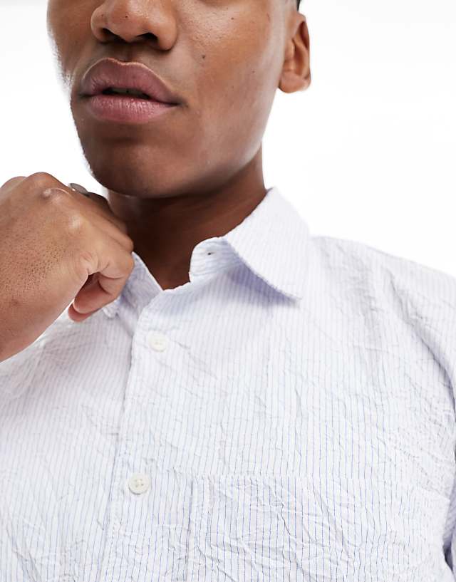 Asos Pull&Bear Long Sleeved Textured Striped Shirt In Grey