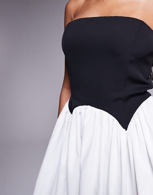 Asos Rare London Bandeau Contrast Corset Scallop Detail Mini Dress In Monochrome