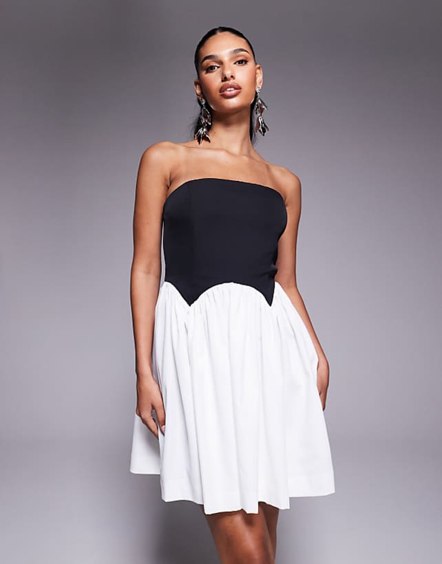 asos Rare London bandeau contrast corset scallop detail mini dress in monochrome