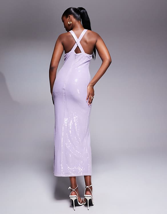Asos Rare London Sequin Racerneck Cross Back Maxi Dress In Lilac