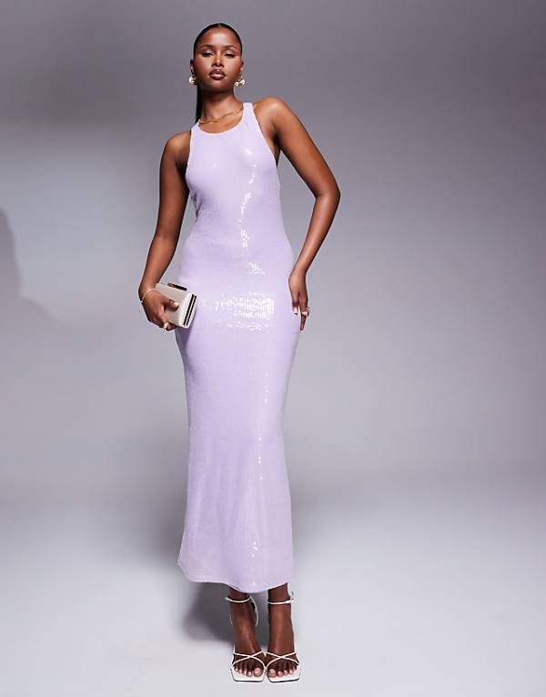 asos Rare London sequin racerneck cross back maxi dress in lilac