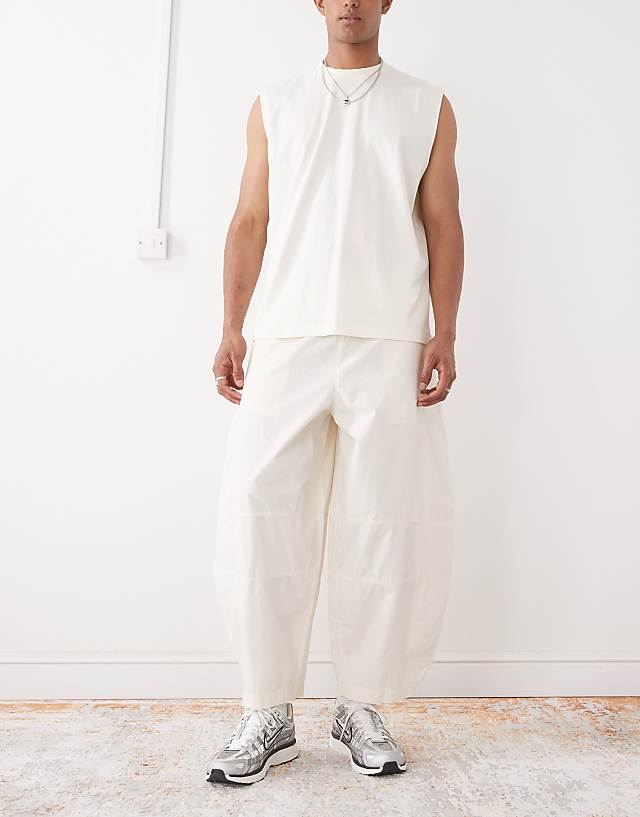 Asos Reclaimed Vintage Baggy Barrel Leg Cargo Trousers In Ecru