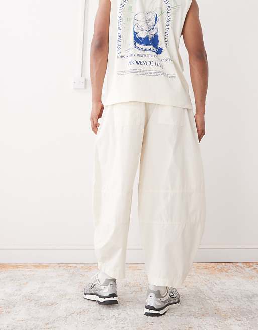 Asos Reclaimed Vintage Baggy Barrel Leg Cargo Trousers In Ecru