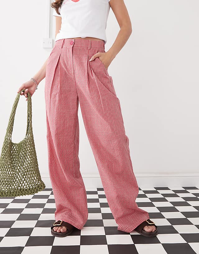 Asos Reclaimed Vintage Baggy Tailored Linen Look Trouser In Red Gingham
