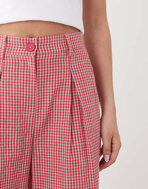 Asos Reclaimed Vintage Baggy Tailored Linen Look Trouser In Red Gingham
