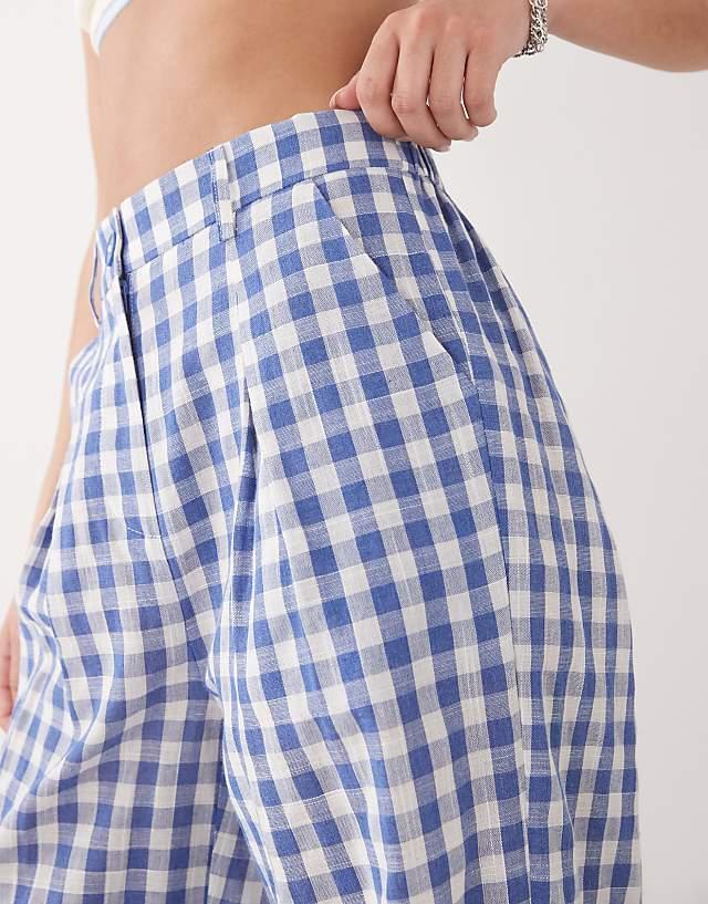 Asos Reclaimed Vintage Baggy Tailored Linen Look Trouser In Blue Check