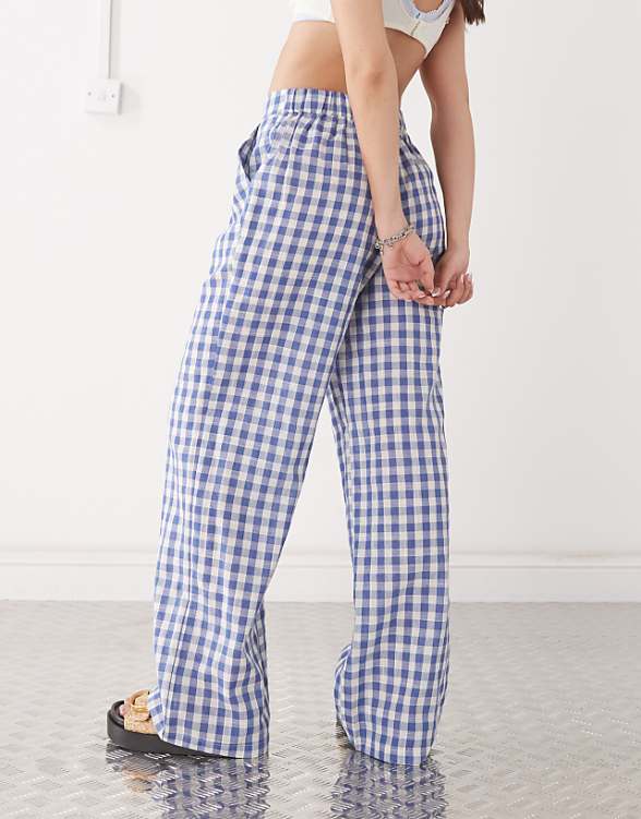 Asos Reclaimed Vintage Baggy Tailored Linen Look Trouser In Blue Check