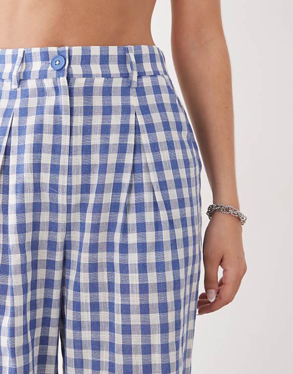 Asos Reclaimed Vintage Baggy Tailored Linen Look Trouser In Blue Check