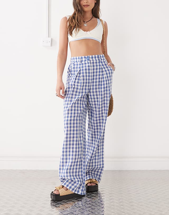 asos Reclaimed Vintage baggy tailored linen look trouser in blue check