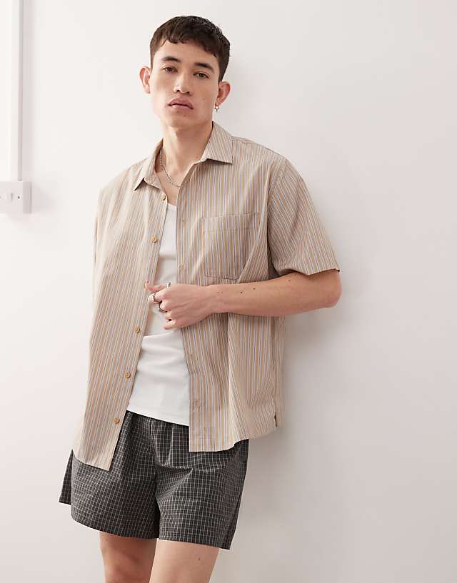 Asos Reclaimed Vintage Boxy Cropped Shirt In Beige And Blue Stripe