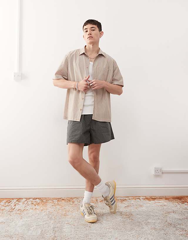 Asos Reclaimed Vintage Boxy Cropped Shirt In Beige And Blue Stripe