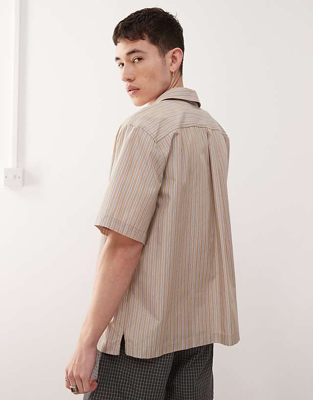 Asos Reclaimed Vintage Boxy Cropped Shirt In Beige And Blue Stripe