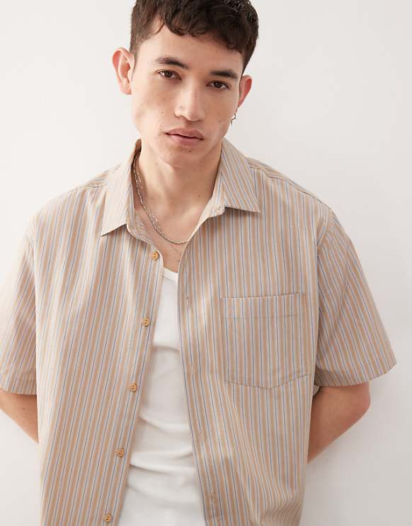 asos Reclaimed Vintage boxy cropped shirt in beige and blue stripe