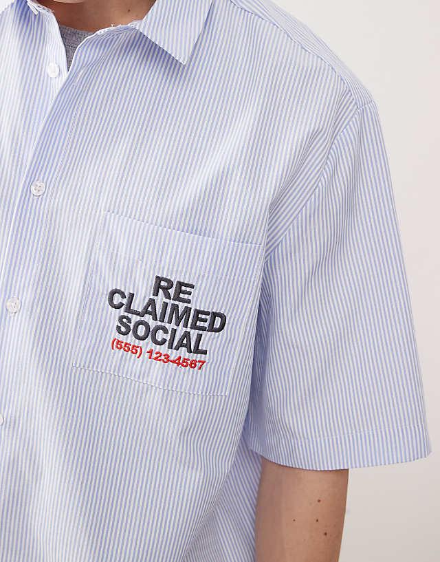 Asos Reclaimed Vintage Boxy Short Sleeve Shirt With Embroidery In Blue Pinstripe