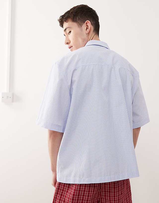 Asos Reclaimed Vintage Boxy Short Sleeve Shirt With Embroidery In Blue Pinstripe