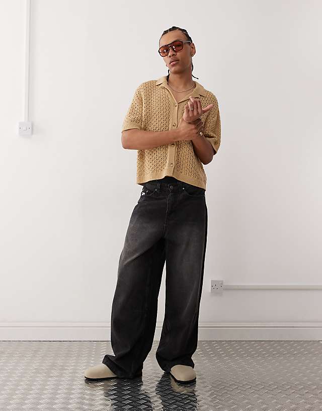 Asos Reclaimed Vintage Crochet Knitted Resort Shirt In Tan