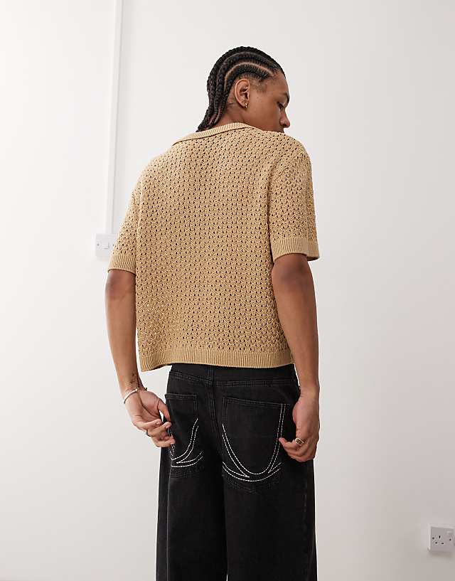 Asos Reclaimed Vintage Crochet Knitted Resort Shirt In Tan
