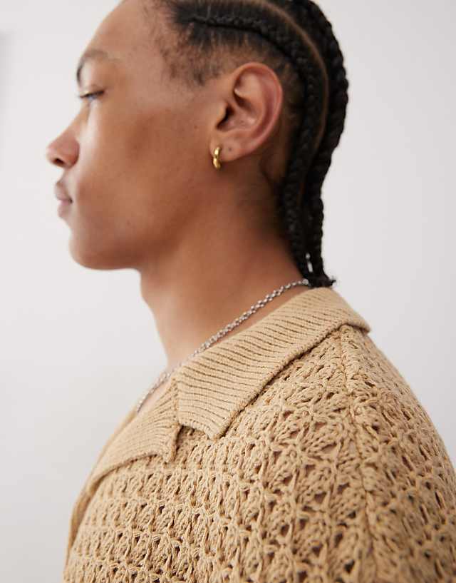 Asos Reclaimed Vintage Crochet Knitted Resort Shirt In Tan