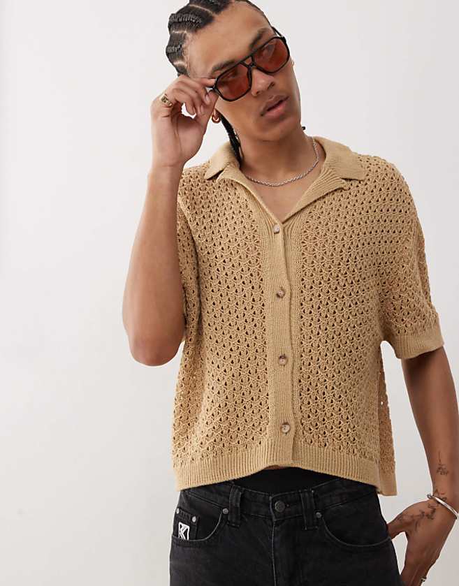 asos Reclaimed Vintage crochet knitted resort shirt in tan