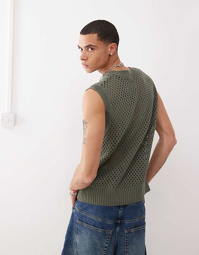 Asos Reclaimed Vintage Crochet Open Stitch Knitted Resort Tank In Khaki - KHAKI